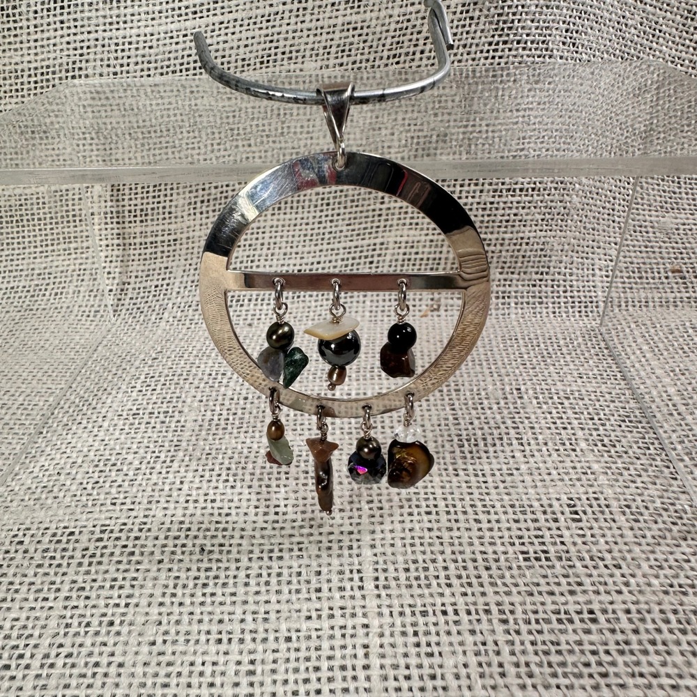 925 Sterling Silver Artisan Circle Pendant Mixed Stone Pearl Dangles 14g